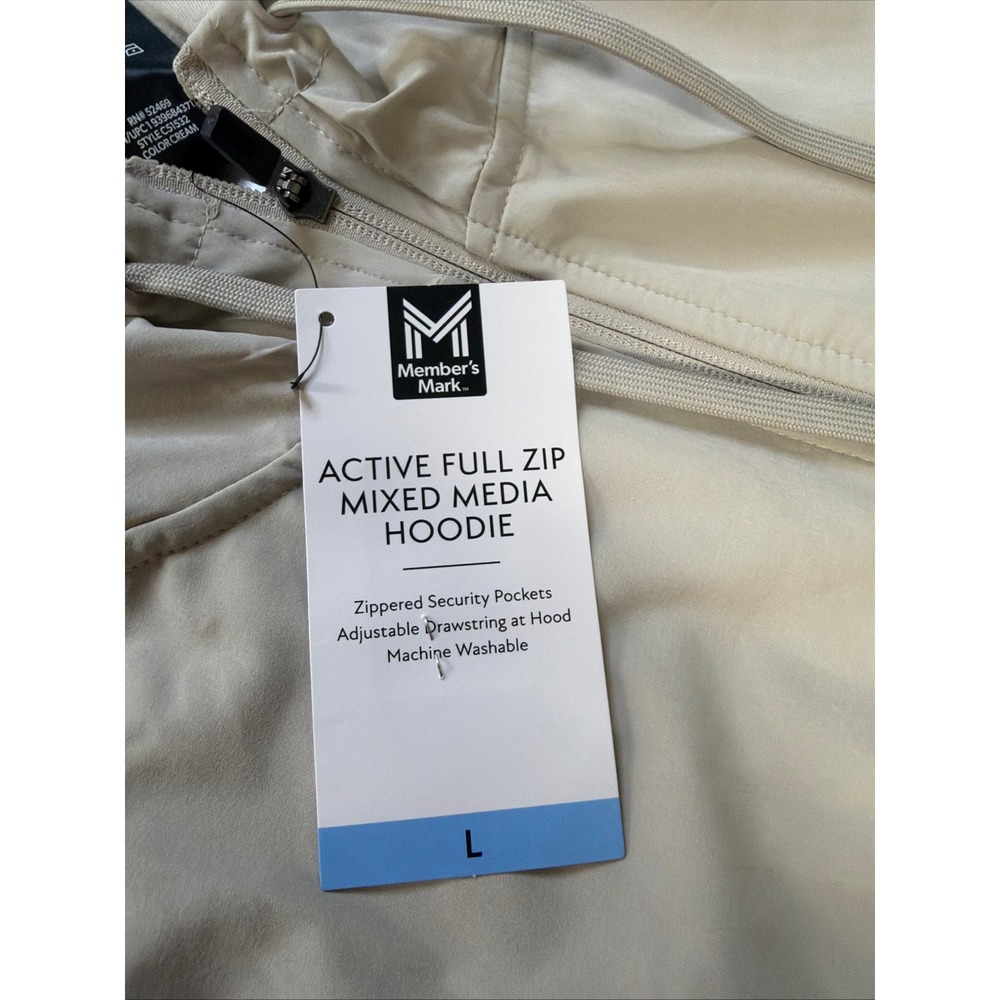 Members Mark Mens Active Full Zip Mixed Media Hoodie‎ Cream L C51532 NWT
